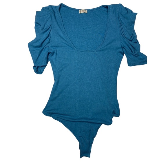 Free People Tops - Free People Intimately Blue Ruched Puff Sleeve Bodysuit